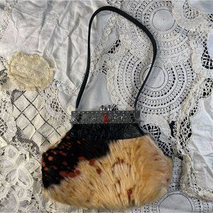 Vintage 90s 2000 Moulin Rouge Tooled Leather And Fur Handbag With Buddha